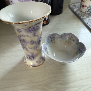 Floral Vase and Bowl Set with Gold Accents